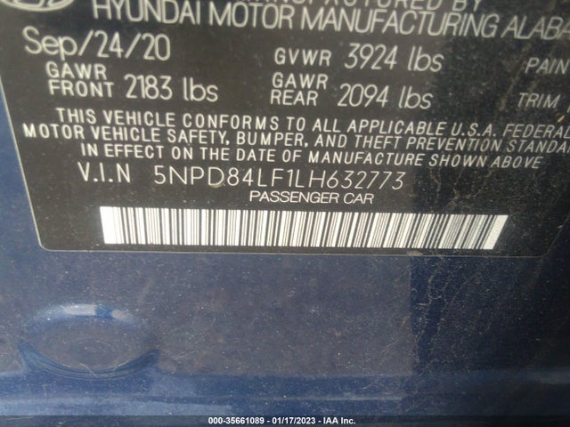 2020 HYUNDAI ELANTRA SEL VIN: 5NPD84LF1LH632773
