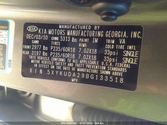 5XYKUDA29BG133518 KIA SORENTO EX