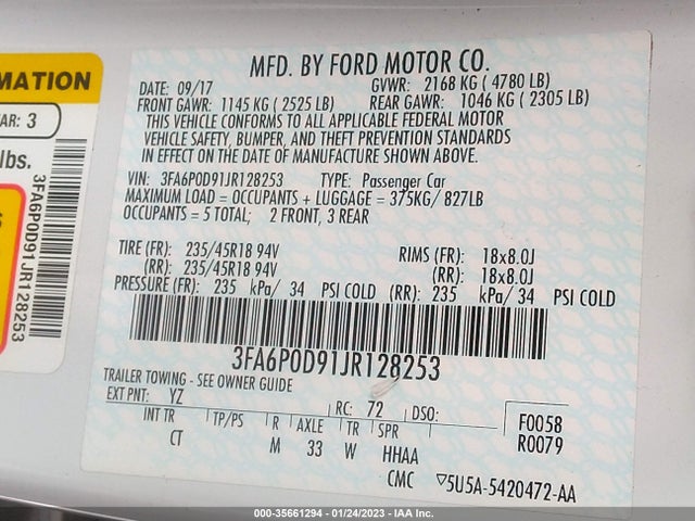 2018 FORD FUSION TITANIUM/PLATINUM VIN: 3FA6P0D91JR128253