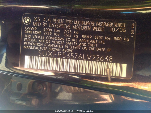 2006 BMW X5 4.4I VIN: 5UXFB53576LV22638