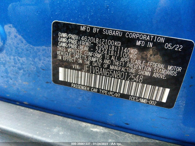 2022 Subaru WRX, VIN: JF1VBAN65N8012548