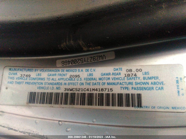 2001 VOLKSWAGEN NEW BEETLE GLS VIN: 3VWCS21C41M418715