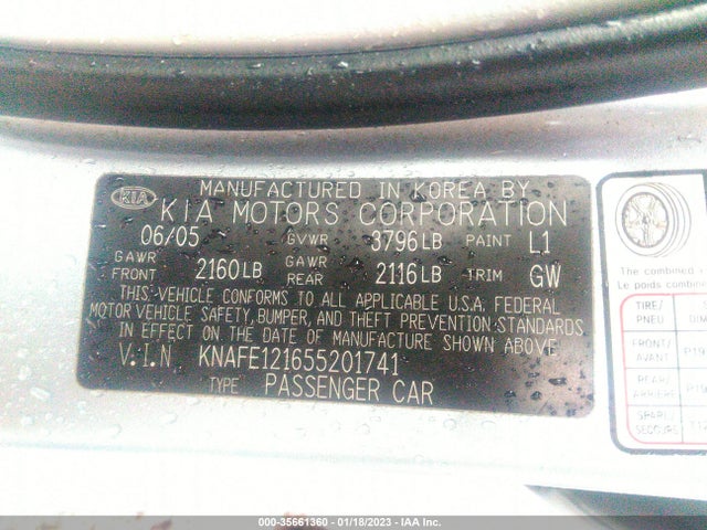 2005 KIA SPECTRA LX/EX/SX VIN: KNAFE121655201741