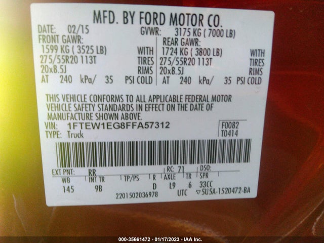 2015 FORD F-150 XLT/XL/LARIAT/PLATINUM VIN: 1FTEW1EG8FFA57312