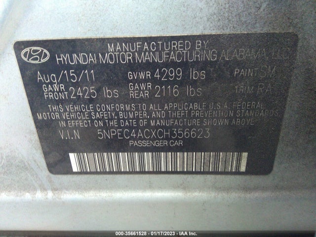 2012 HYUNDAI SONATA 2.4L SE VIN: 5NPEC4ACXCH356623