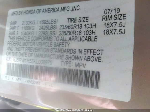 Honda CR-V EX 2019 5J6RW1H55KL006979 Image 10