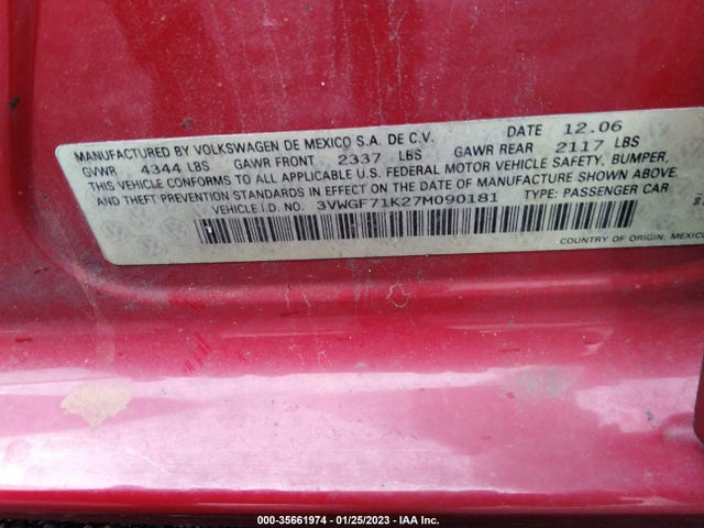 2007 VOLKSWAGEN JETTA SEDAN VIN: 3VWGF71K27M090181