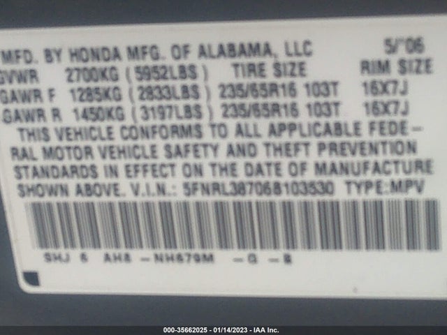 2006 HONDA ODYSSEY EX-L VIN: 5FNRL38706B103530