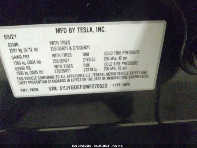 2021 Tesla Model Y, VIN: 5YJYGDEF6MF270523