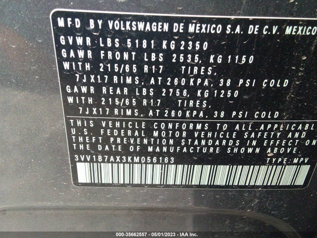 3VV1B7AX3KM056163 Volkswagen TIGUAN S