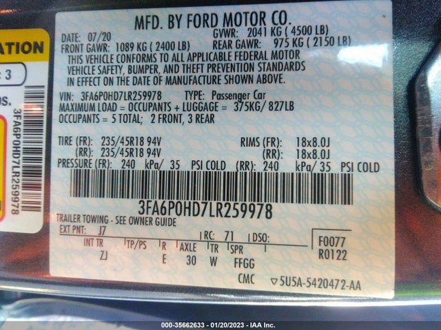 2020 Ford Fusion, VIN: 3FA6P0HD7LR259978