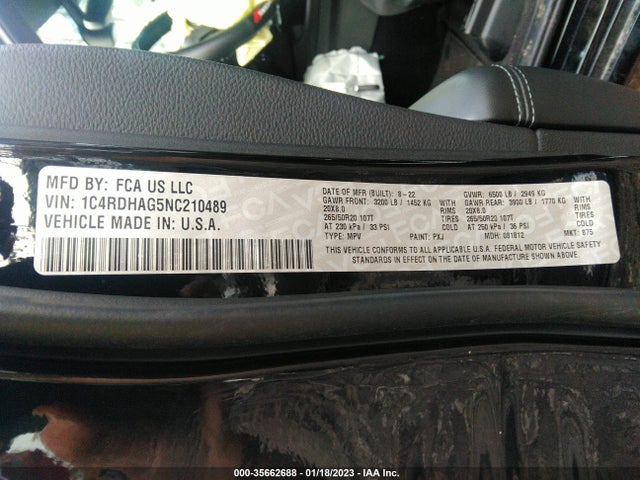 2022 Dodge Durango, VIN: 1C4RDHAG5NC210489