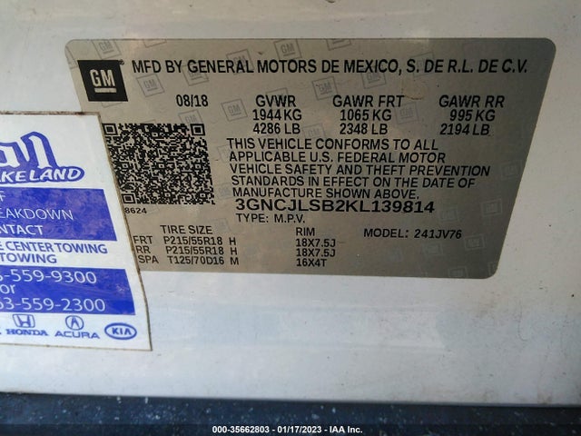 2019 Chevrolet Trax, VIN: 3GNCJLSB2KL139814