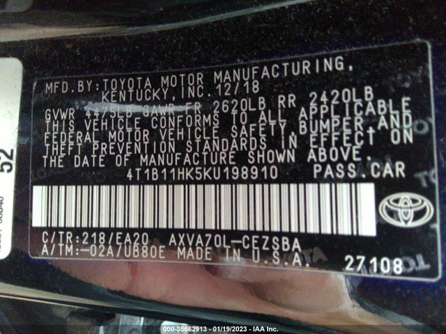 2019 Toyota Camry, VIN: 4T1B11HK5KU198910