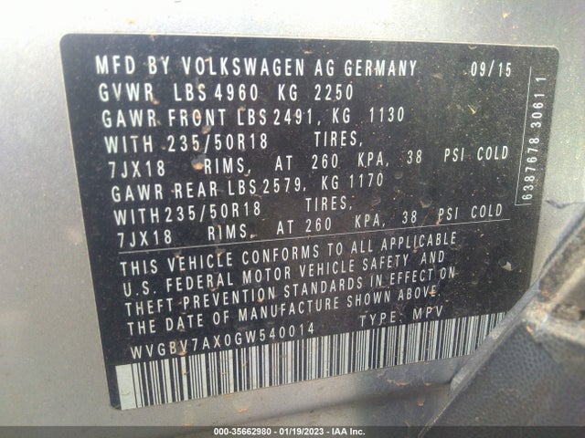 2016 Volkswagen Tiguan, VIN: WVGBV7AX0GW540014