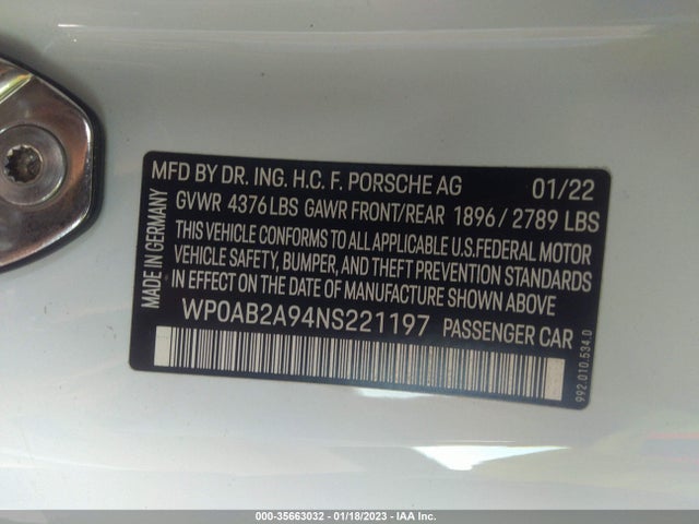2022 Porsche 911, VIN: WP0AB2A94NS221197