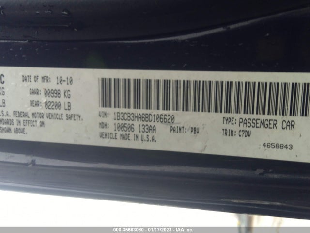 2011 DODGE CALIBER MAINSTREET VIN: 1B3CB3HA6BD106620