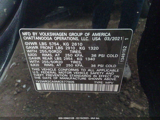 2021 Volkswagen Atlas, VIN: 1V2WR2CA9MC577905