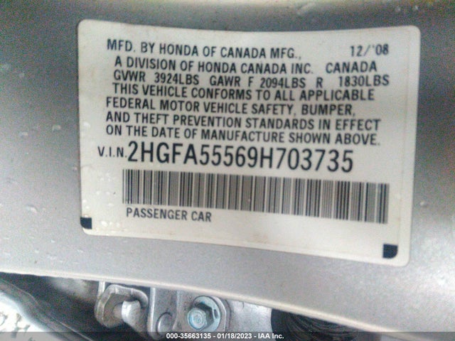 2009 HONDA CIVIC SDN SI VIN: 2HGFA55569H703735