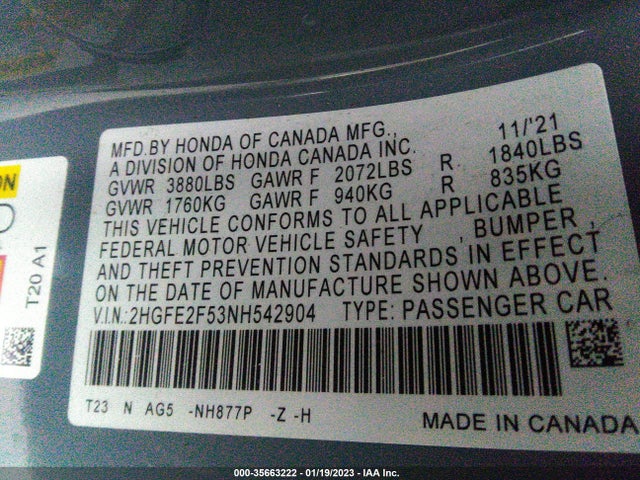 2022 HONDA CIVIC SEDAN SPORT VIN: 2HGFE2F53NH542904