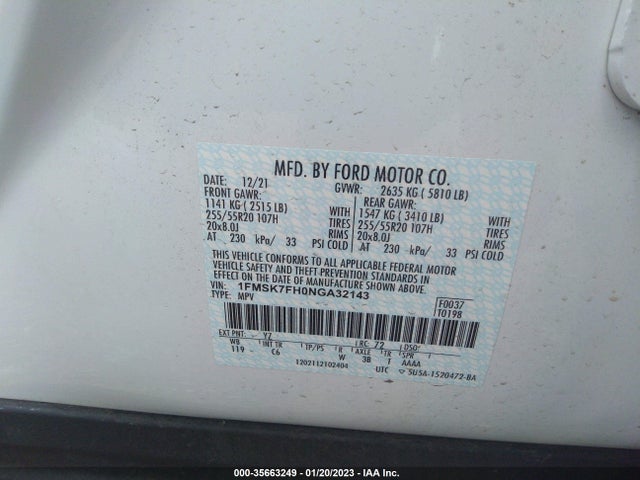 2022 FORD EXPLORER LIMITED VIN: 1FMSK7FH0NGA32143
