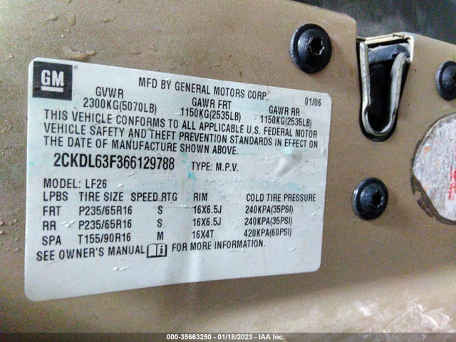 2006 PONTIAC TORRENT VIN: 2CKDL63F366129788