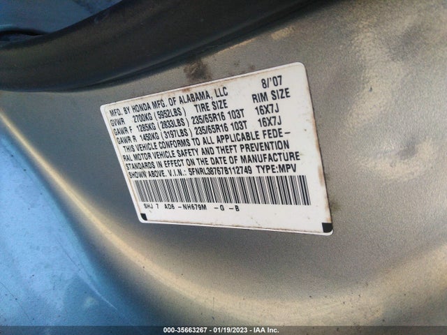 2007 HONDA ODYSSEY EX-L VIN: 5FNRL38767B112749