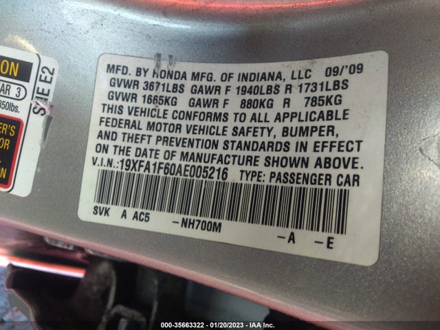 2010 HONDA CIVIC SDN LX-S VIN: 19XFA1F60AE005216