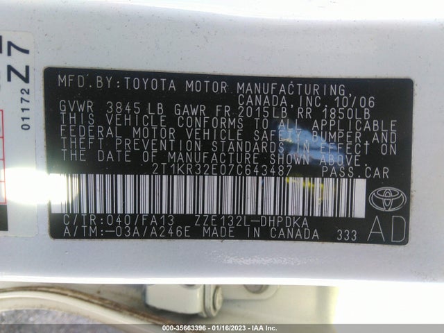 2007 Toyota Matrix Std/xr მანქანა იყიდება აუქციონზე, vin: 2T1KR32E07C643487, აუქციონის ნომერი: 35663396
