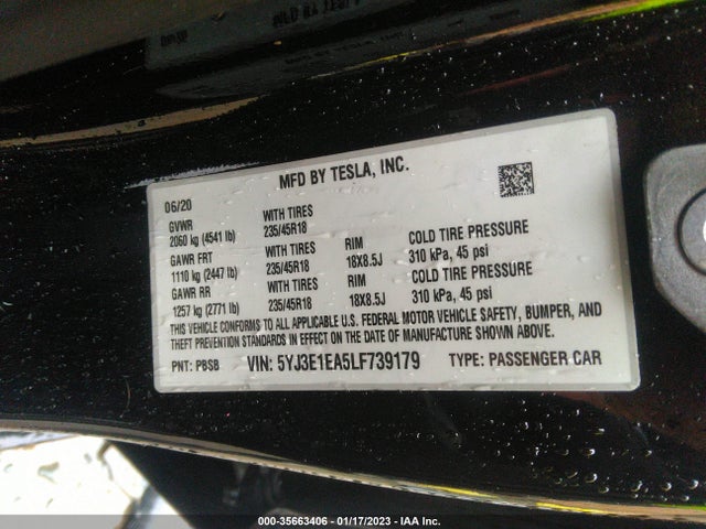 5YJ3E1EA5LF739179 Tesla Model 3 Standard Range