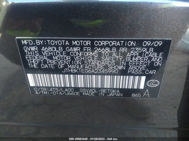 Lexus ES 350 2010 JTHBK1EG6A2345990 Image 9