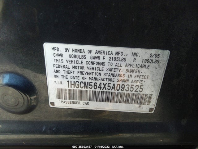 2005 HONDA ACCORD SDN LX VIN: 1HGCM564X5A093525