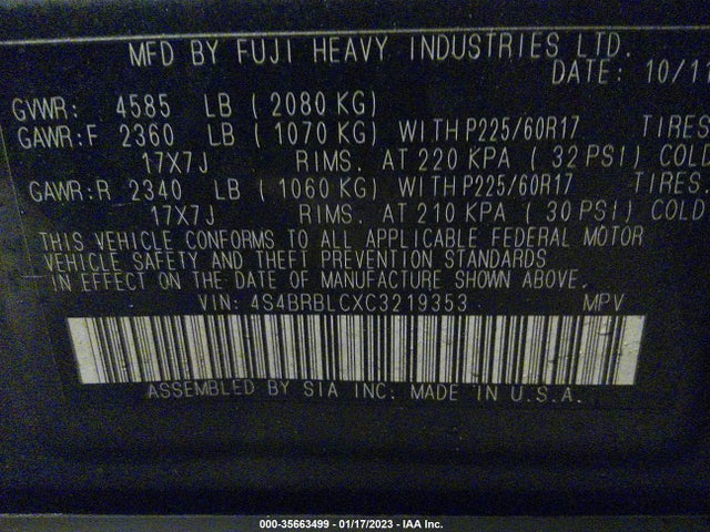 Subaru Outback 2.5i Limited 2012 4S4BRBLCXC3219353 Image 10