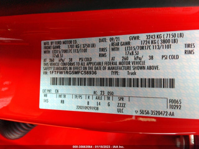 2021 FORD F-150 RAPTOR VIN: 1FTFW1RG5MFC58936