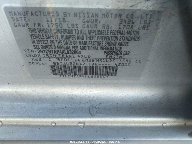 Nissan Versa Sedan Sv 2019 3N1CN7AP4KL832064 Image 10