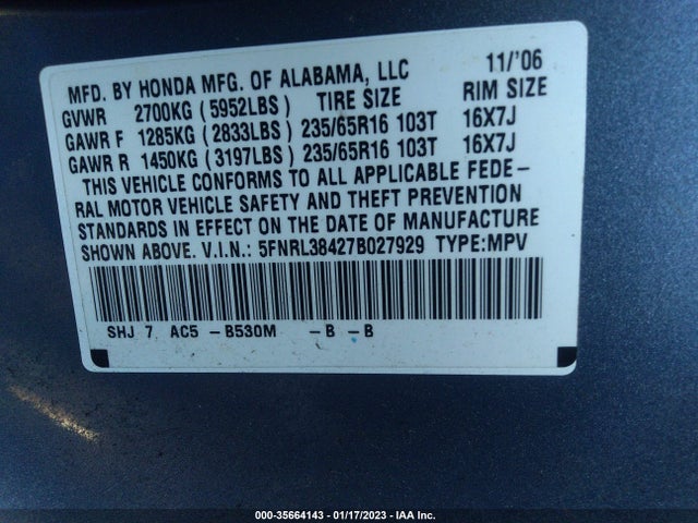 2007 HONDA ODYSSEY EX VIN: 5FNRL38427B027929