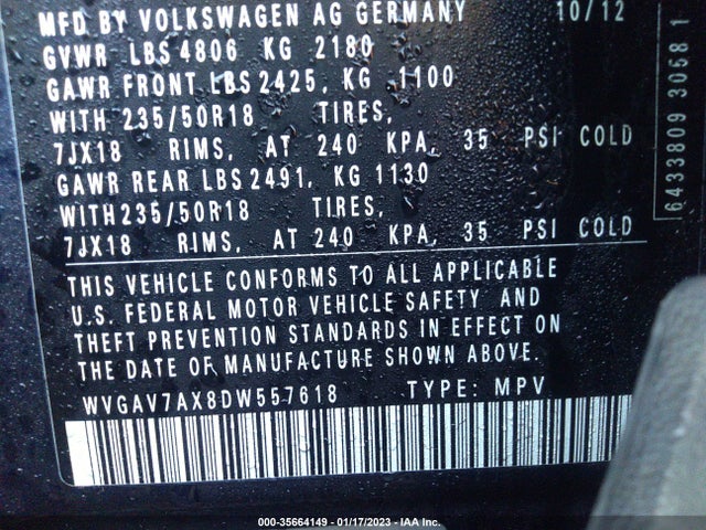 2013 VOLKSWAGEN TIGUAN SE W/SUNROOF & NAV VIN: WVGAV7AX8DW557618