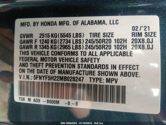 2021 Honda Pilot, VIN: 5FNYF5H22MB028247