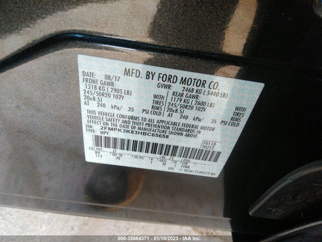 2017 FORD EDGE TITANIUM VIN: 2FMPK3K83HBC65658