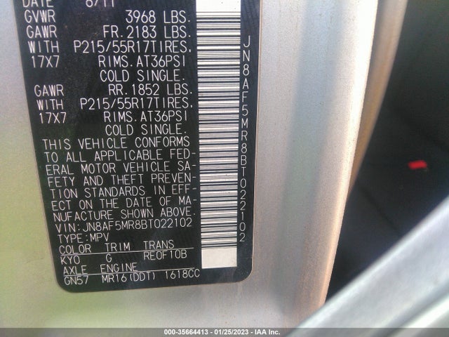 2011 NISSAN JUKE S VIN: JN8AF5MR8BT022102
