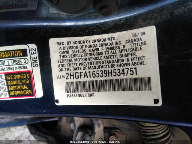 2009 HONDA CIVIC SDN LX VIN: 2HGFA16539H534751