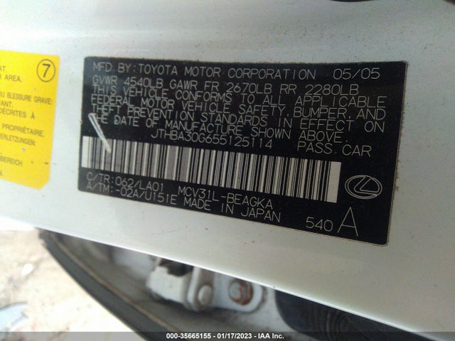 2005 LEXUS ES 330 VIN: JTHBA30G655125114