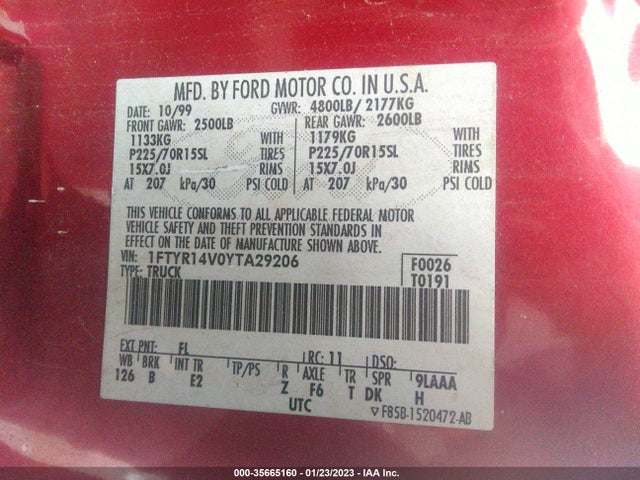 2000 FORD RANGER XL/XLT VIN: 1FTYR14V0YTA29206