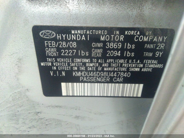 2008 HYUNDAI ELANTRA GLS/SE VIN: KMHDU46D98U447840