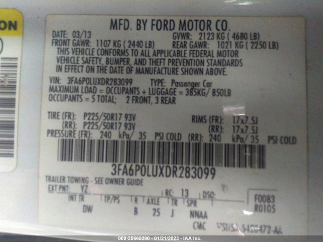 2013 FORD FUSION SE HYBRID VIN: 3FA6P0LUXDR283099