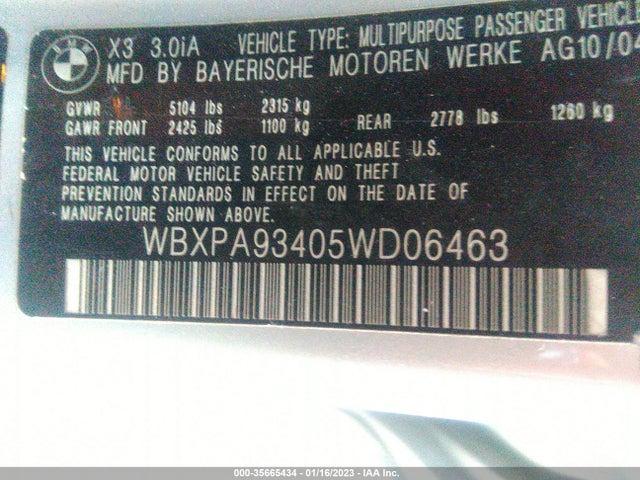 2005 BMW X3 3.0I VIN: WBXPA93405WD06463