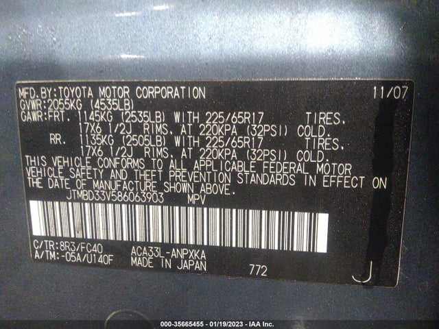 2008 TOYOTA RAV4 VIN: JTMBD33V586063903