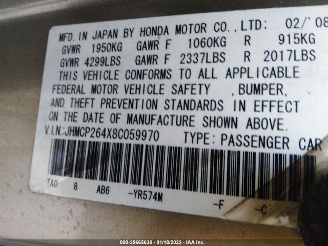 2008 HONDA ACCORD SDN LX-P VIN: JHMCP264X8C059970