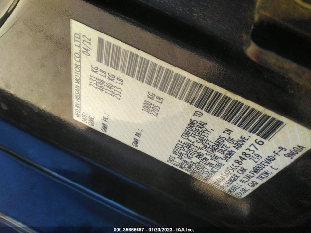 2012 NISSAN MAXIMA 3.5 SV VIN: 1N4AA5AP5CC848376