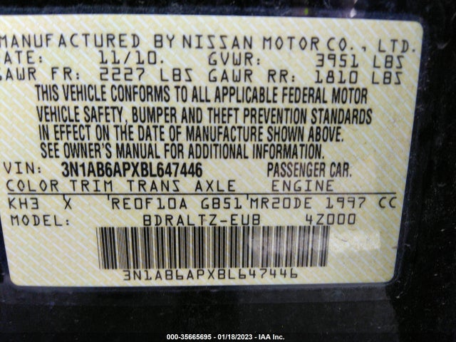 2011 NISSAN SENTRA 2.0 SR VIN: 3N1AB6APXBL647446